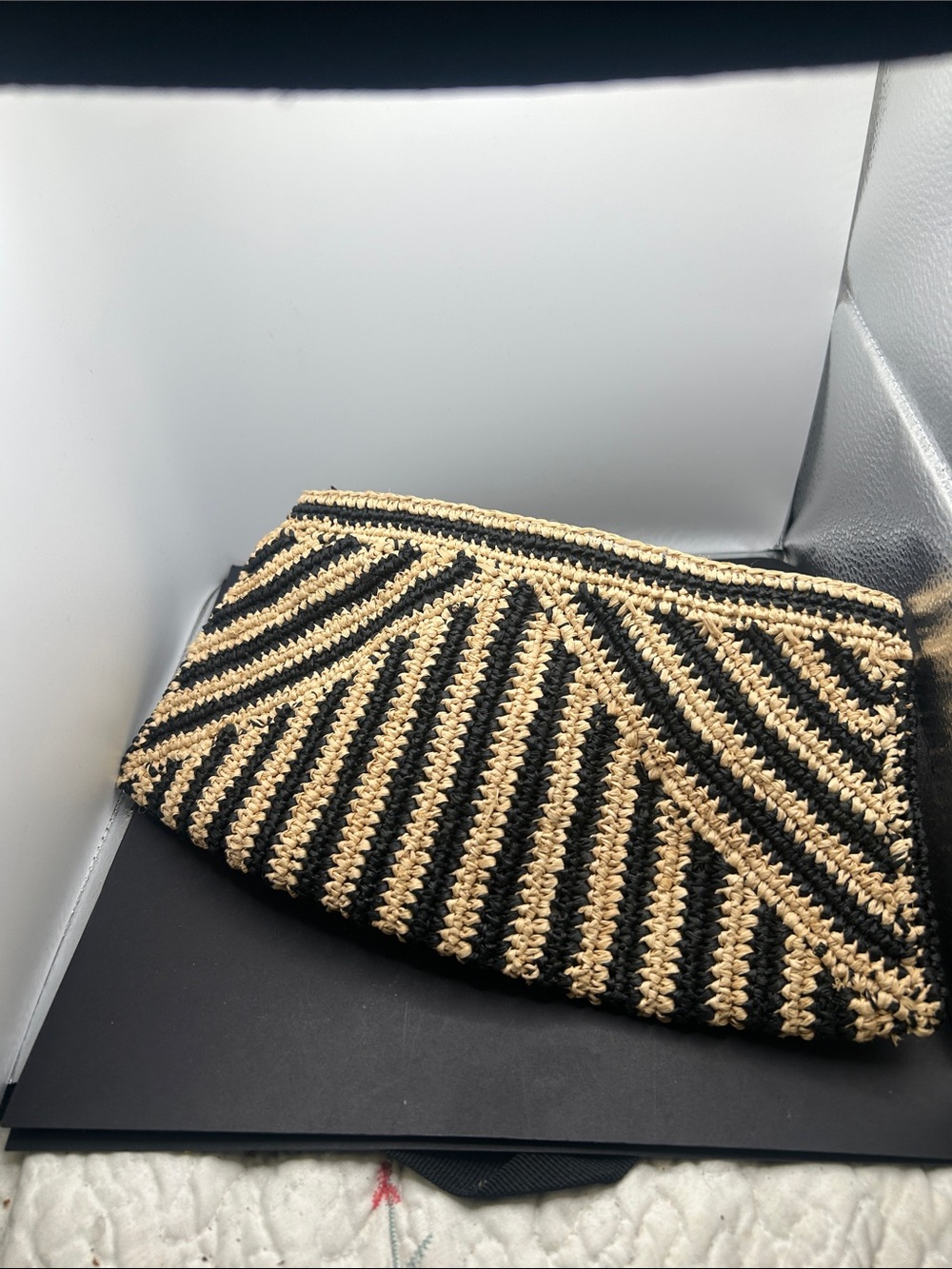 Handwoven Black & Natural Straw Zip Clutch